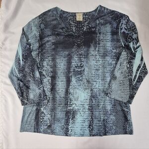 Jess & Jane Women's Large Printed Rhinestone Blue Denim Effect 3/4 Sleeve Blouse